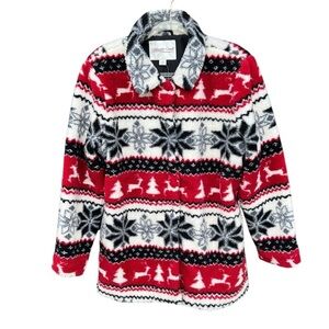 Coldwater Creek Nordic Fair Isle Sherpa Shacket Reindeer Snowflakes Red NWT